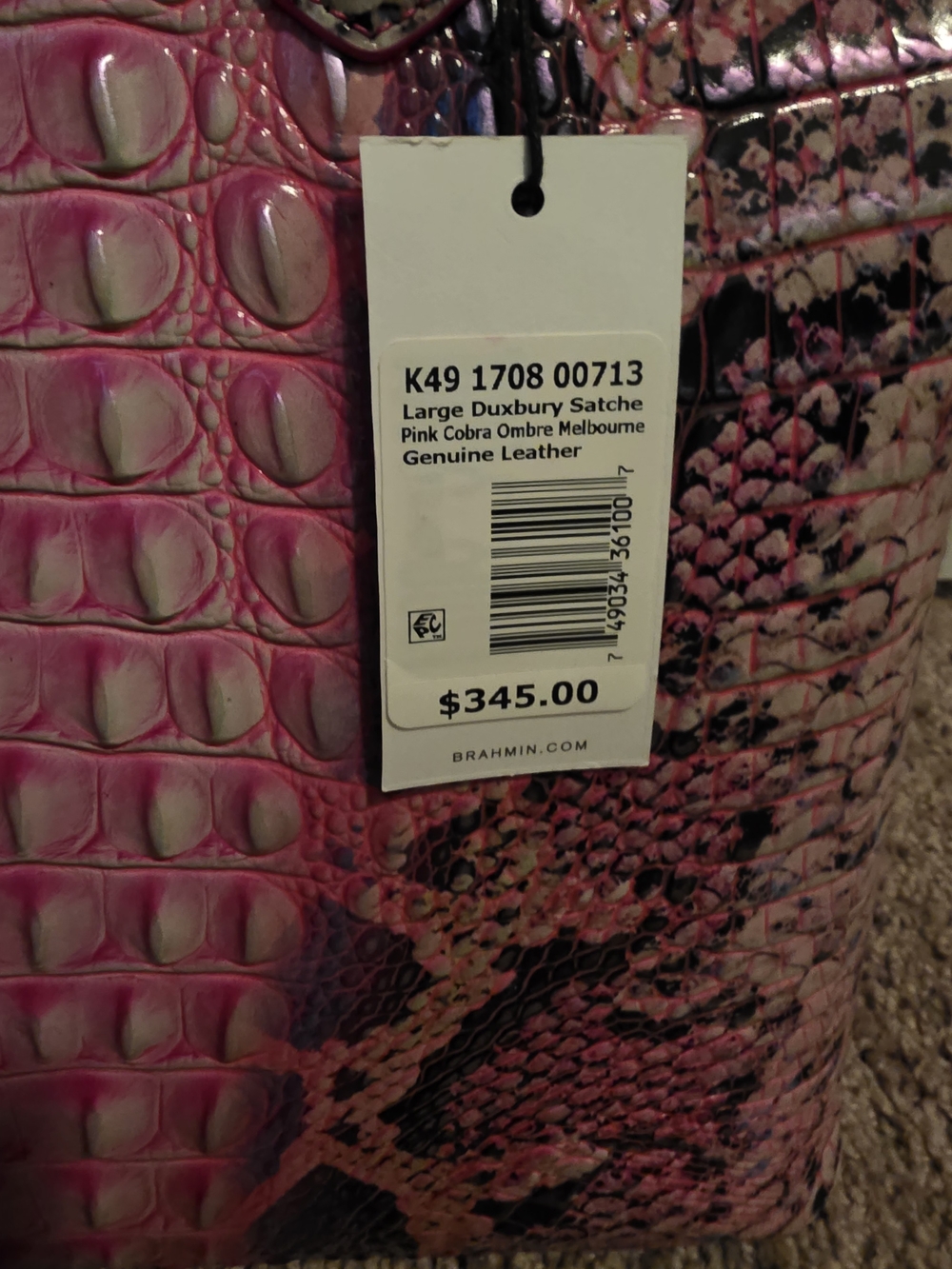 New Brahmin Pink Snake-Embossed Satchel with Purple Accents - Picture 3 of 13